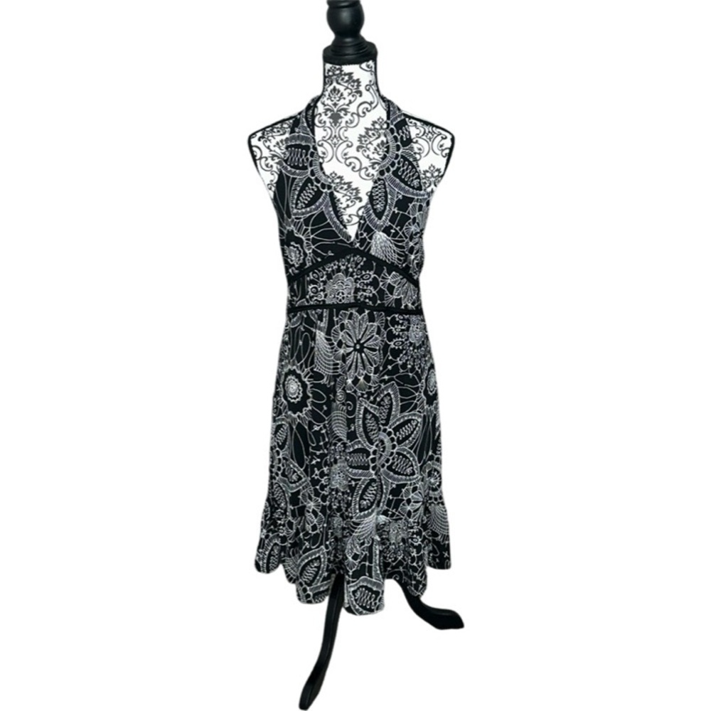 Best Choice Floral Black & White Knit Halter Dress with Flounced Hem